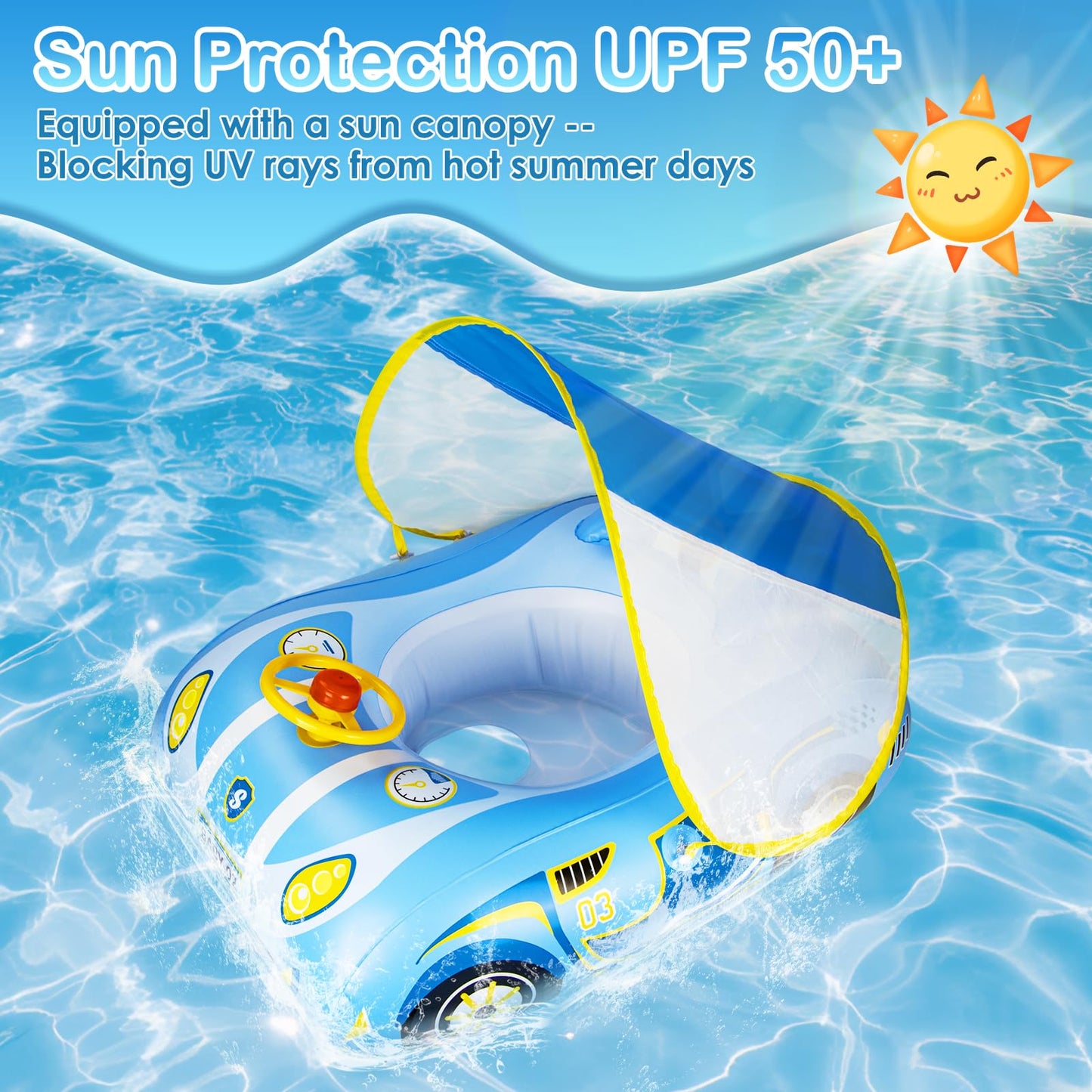 Baby Pool Float with Canopy: Baby Floats for Infants Toddler 6-48 Months Qoosea Swimming Floaties with UPF50+ Sun Protection & Toy Play Steering Wheel & Patch Kit (Blue)