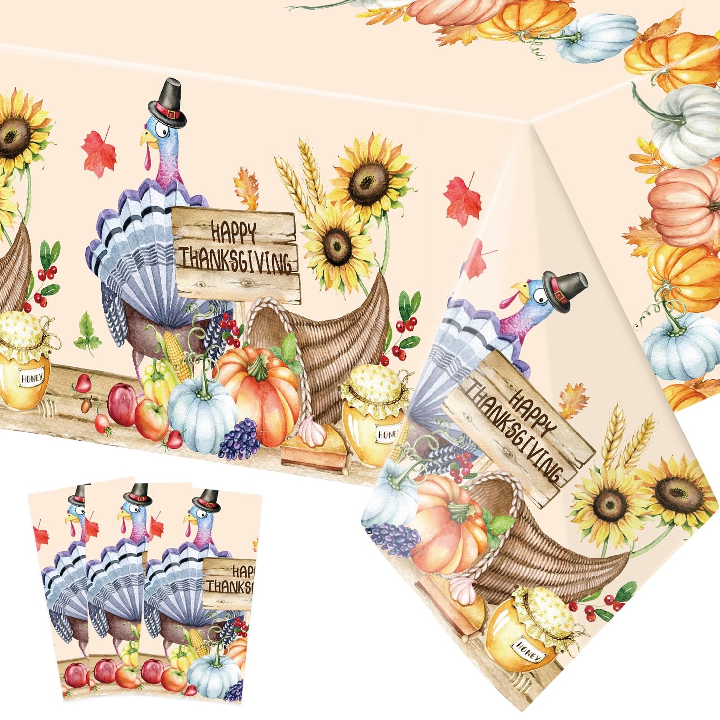 ceiba tree Thanksgiving Tablecloth Disposable Turkey Plastic Tablecloths 3 PCS Table Covers Rectangular 54 X 108 inch Waterproof