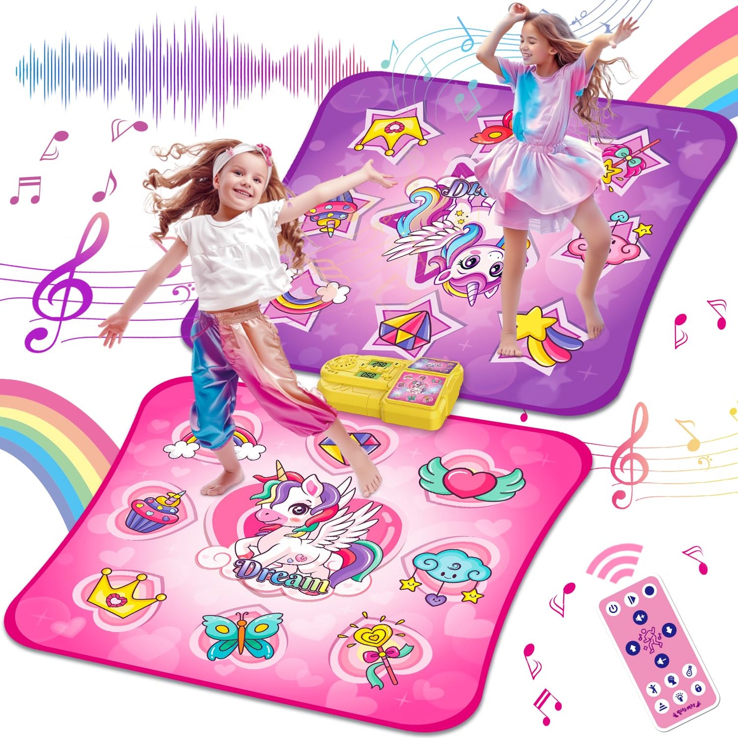 VATOS Double Dance Mat for Girls - 4 Game Modes & 9 Challenge Levels with Adjustable Volume, Led Light & Wireless Bluetooth | Mu