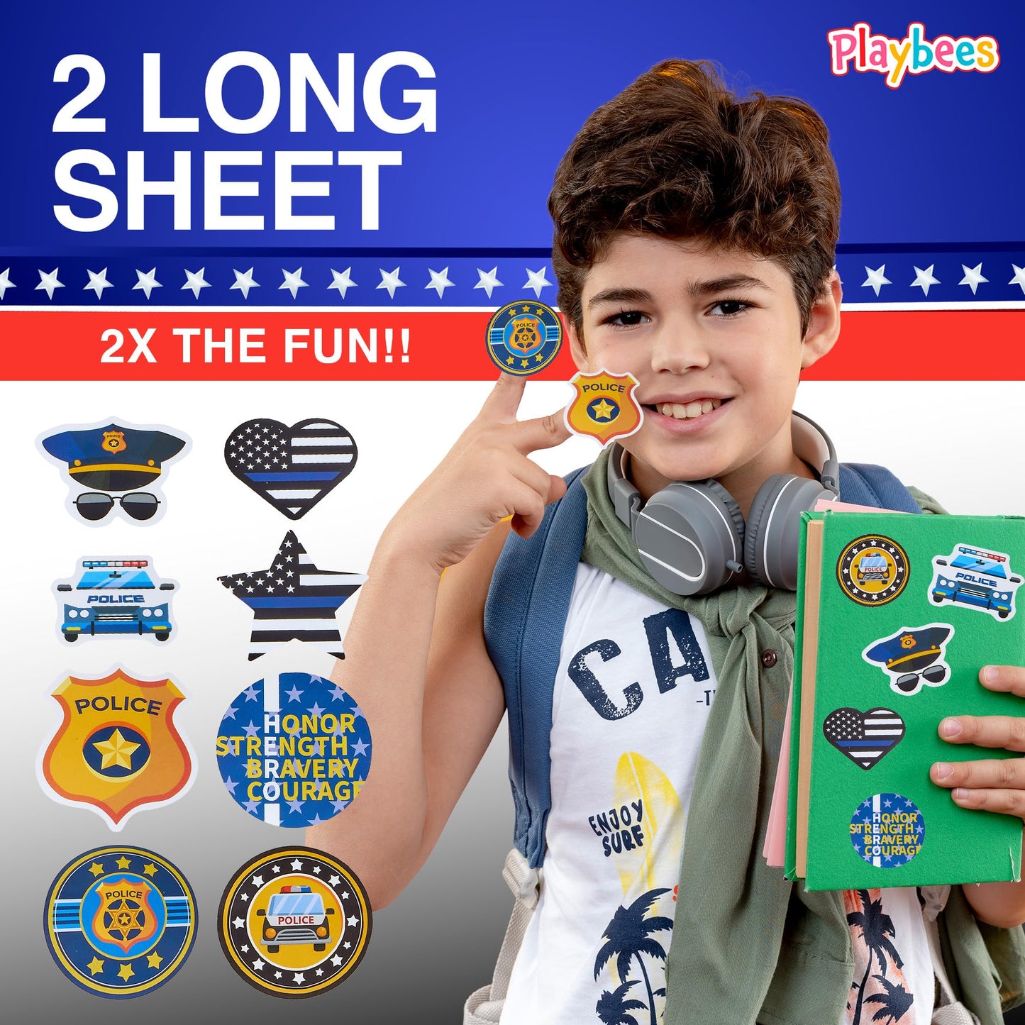 Playbees Police Stickers For Kids - 200 Pack Of Law Enforcement Themed Designs - Kids' Educational Arts And Crafts, Back To Scho
