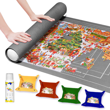 FELIZROCA Puzzle Mat - 1500 Pieces Jigsaw, Felt Roll-Up Mat for Adults With Glue, Applicator, 4 Sorting Trays, Storage Bag & Pum