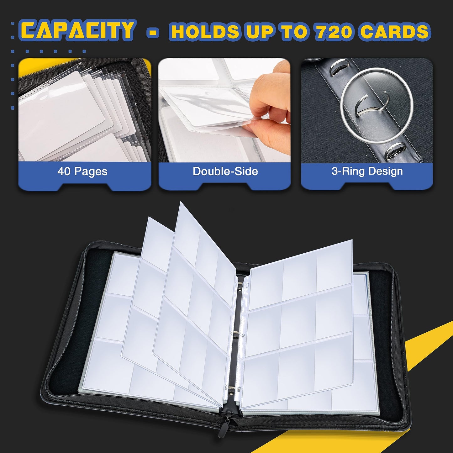 Clovercat 9 Pocket Waterproof Trading Card Binder, Trading Album Display Holder, Expandable, 720 Double Sided Pocket Album, Compatible With Gaming Cards, Yugioh, Mtg And Other Tcg