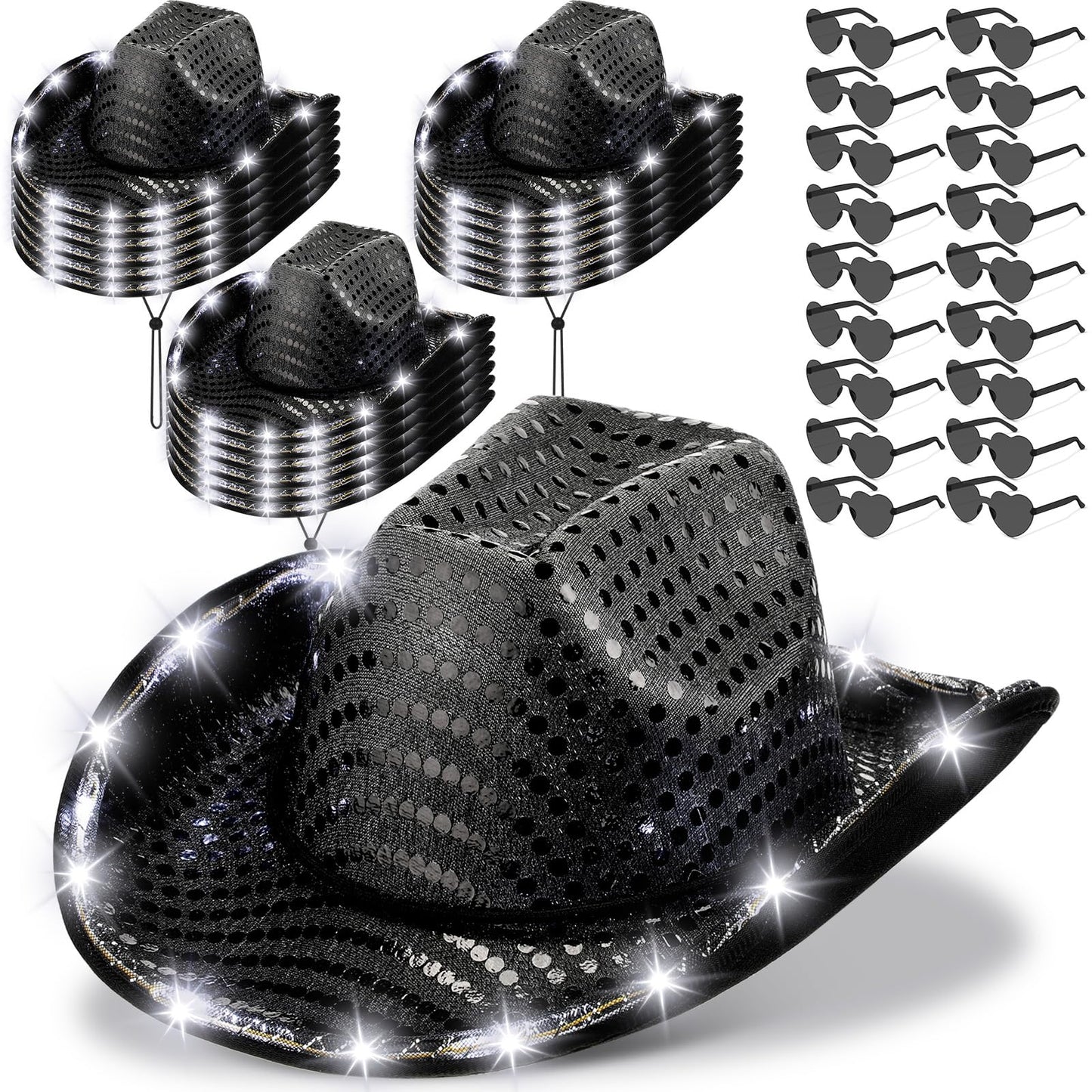 Zhanmai 24 Set LED Cowboy Hat Light Up Glitter Cowboy Hat with Sunglasses Sequin Space Cowgirl Sunglasses for Women Men Costume 