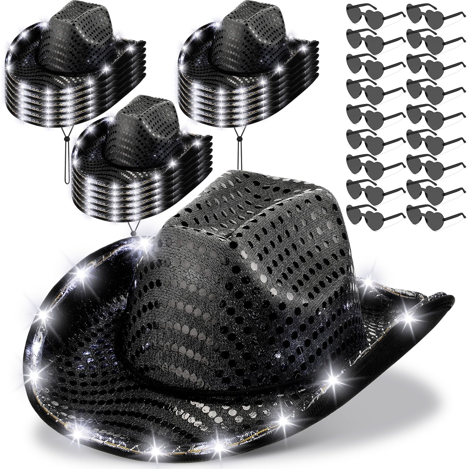 Zhanmai 24 Set LED Cowboy Hat Light Up Glitter Cowboy Hat with Sunglasses Sequin Space Cowgirl Sunglasses for Women Men Costume 