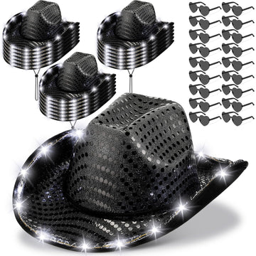 Zhanmai 24 Set LED Cowboy Hat Light Up Glitter Cowboy Hat with Sunglasses Sequin Space Cowgirl Sunglasses for Women Men Costume 