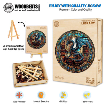 Woodbests Wooden Puzzles For Adults (200 Piece, M, 11.4'X11.4') Dragon'S Library Puzzle Beautiful Wooden Box, Wooden Jigsaw Puzzles Unique Shape, Birthday Gifts For Adults Family Game