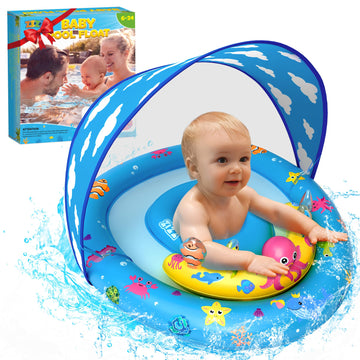 ZIZZ Baby Pool Float with Canopy - Inflatable Baby Swimming Float with UPF50+Sun Protection  Infant Pool Float with Toy Play Console Adjustable Seat for Boys Girls Toddler 6-36 Months