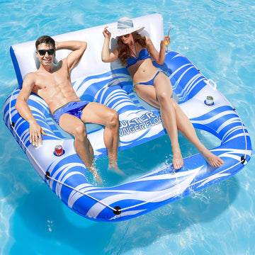 Opvener Lake Floats For Adults, 2 Person Pool Lounger Float, Island Floats With Cup Holders Handles Backrest Footrest, Large Wat