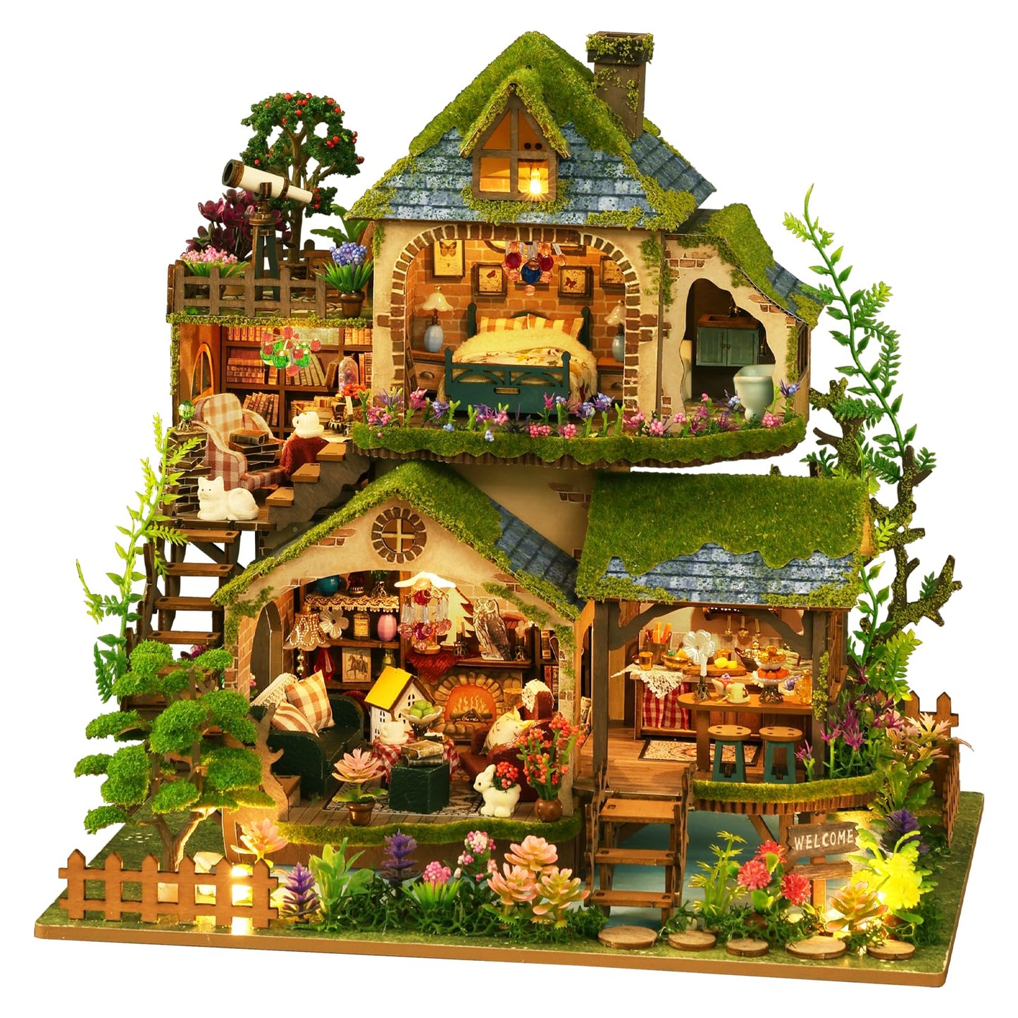 DIY Miniature House Kit - Mini House Building Kit for mature-themeds to Build  Wooden Miniature Dollhouse Kit with LED Light  Tiny Model mature-themed Crafts Doll House Miniature Kit  Unique Gift  Forest Adventure