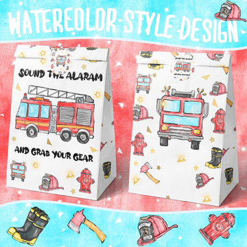 Hapibidesign Watercolor Firetruck Party Favor Bags - 24 Pcs Firetruck Party Candy Bags With Stickers - Firetruck Goodie Gift Tre