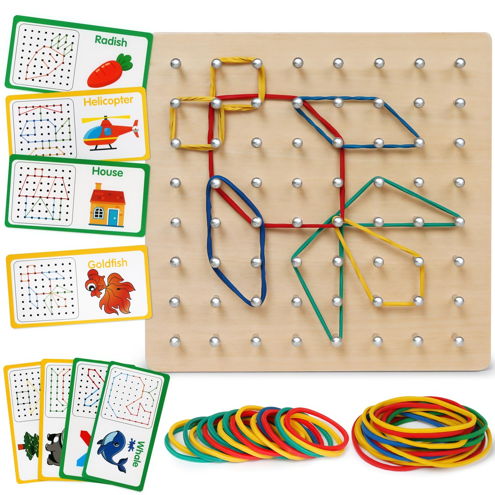 Skrtuan Wooden Geoboard for Kids - Montessori STEM Educational Toy with Pattern Cards & Rubber Bands,Early Fine Motor Skill Lear