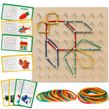 Skrtuan Wooden Geoboard for Kids - Montessori STEM Educational Toy with Pattern Cards & Rubber Bands,Early Fine Motor Skill Lear