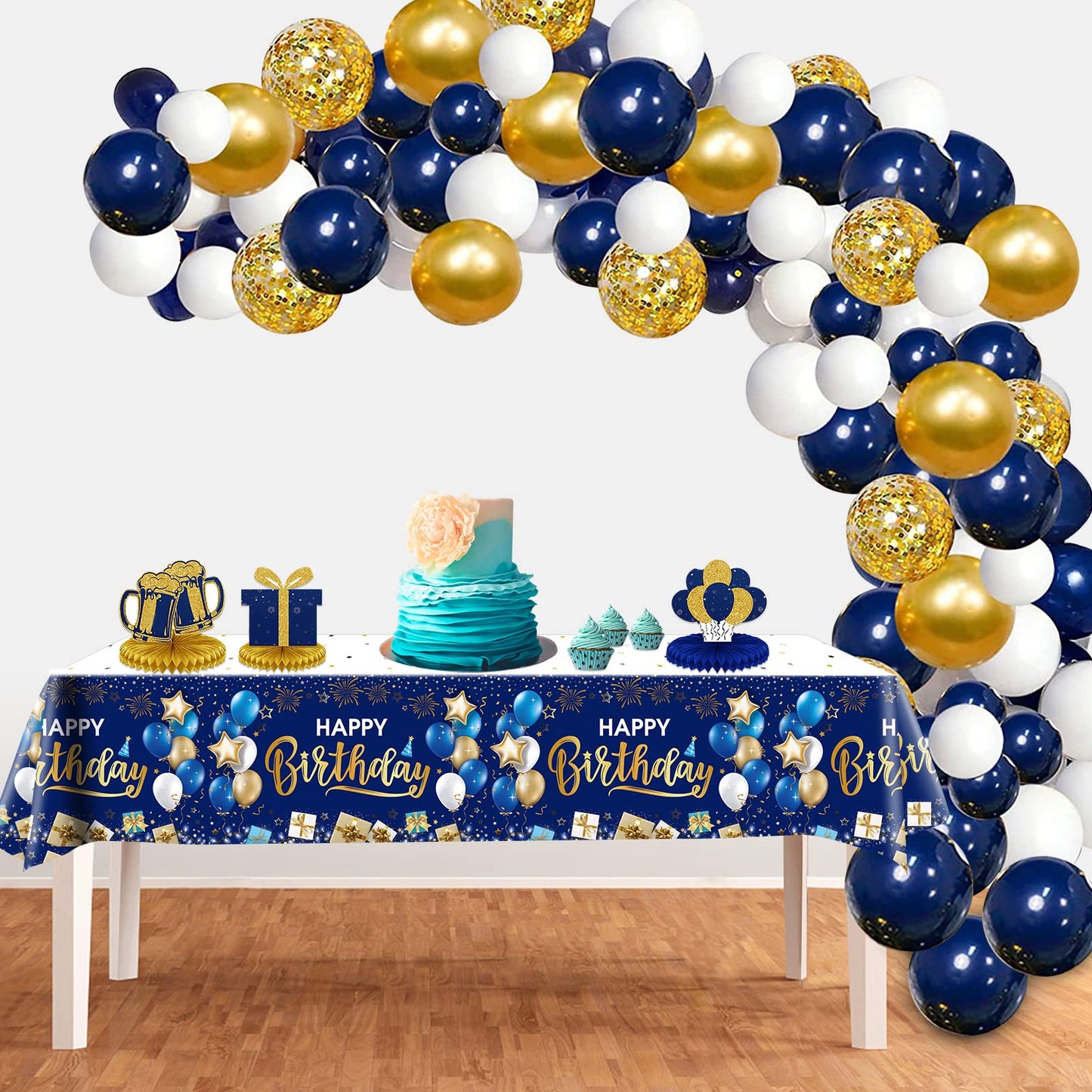 DUAIAI Happy Birthday Decorations, 3 Pcs Navy Blue and Gold Birthday Tablecloth for Boys Girls Men Women, Plastic Disposable Rec