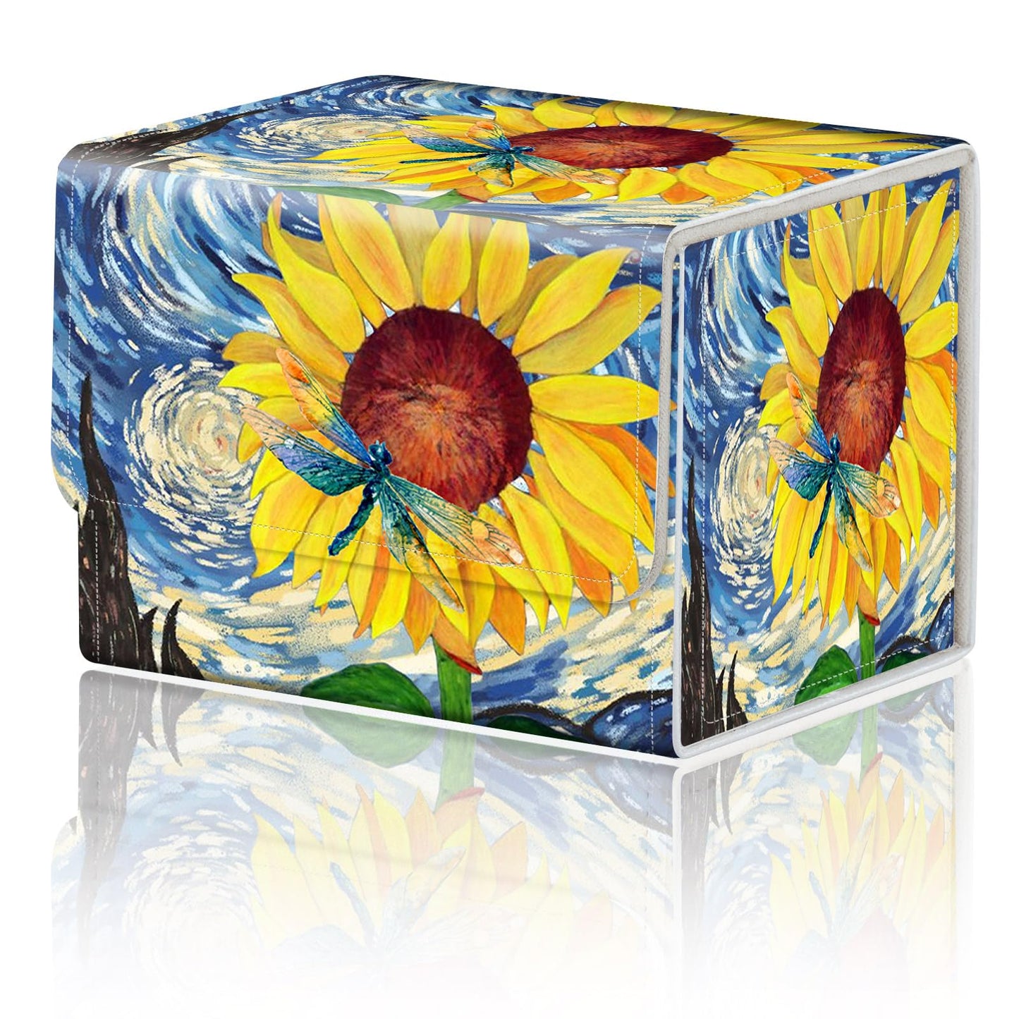 DEGDFSGR Card Game Storage Box for TCG MTG Commander Deck Box Organizer Trading Card Case Magnetic Closure Creative Pattern Up to 200 Cards  Sunflower Dragonfly