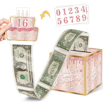 Birthday Surprise Box - Money Holder For Cash Gifts With Diy Stickers - Gold Pink