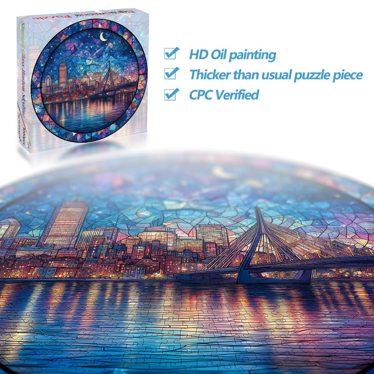 Bgraamiens 1000 Piece Jigsaw Puzzles for mature-themeds - Stained Glass Boston Skyline - Moonlit City View with Bridge and Reflections - Artistic Nighttime Challenge Gift