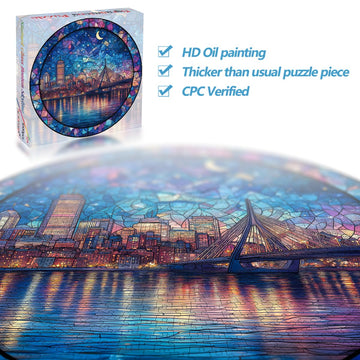 Bgraamiens 1000 Piece Jigsaw Puzzles for mature-themeds - Stained Glass Boston Skyline - Moonlit City View with Bridge and Reflections - Artistic Nighttime Challenge Gift