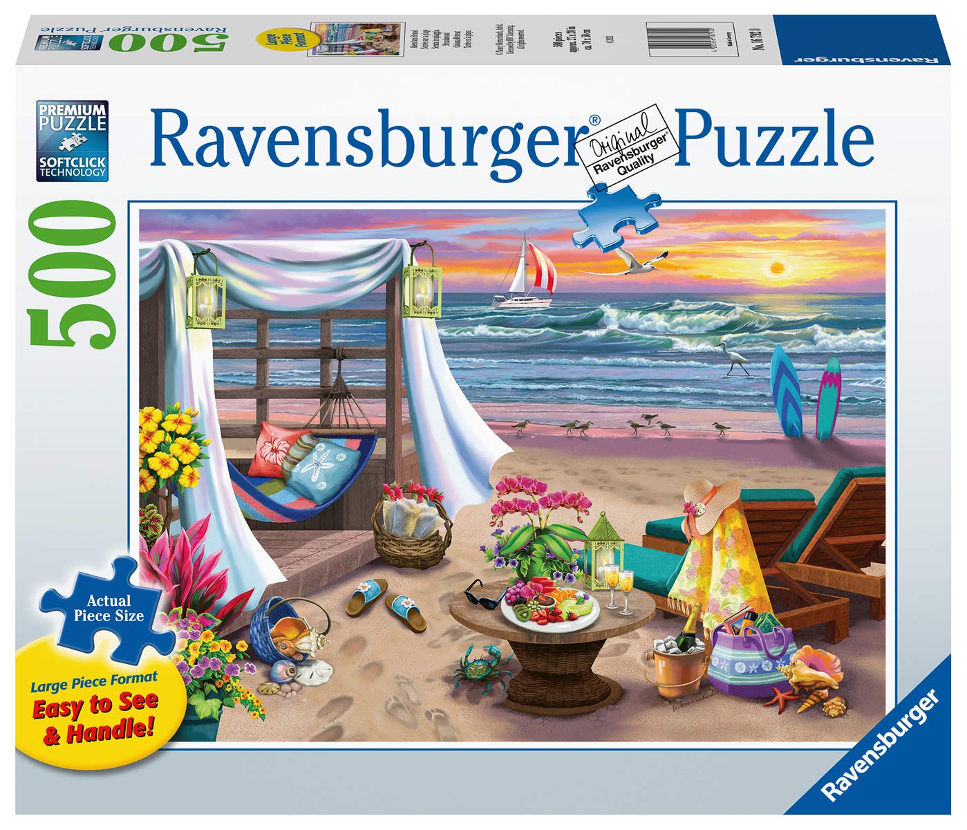 Ravensburger - Cabana Retreat - 500 Piece Large Format Jigsaw Puzzle - Enjoy Peaceful  Salty Breezes and a Stunning Ocean Sunset - Frameable - enhanced Quality - Puzzles for mature-themeds