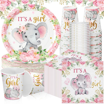 Hushee 200 Pcs Pink Elephant Baby Shower Paper Plates Napkins Cups It'S A Girl Baby Shower Party Supplies Tableware Set Pink Dis