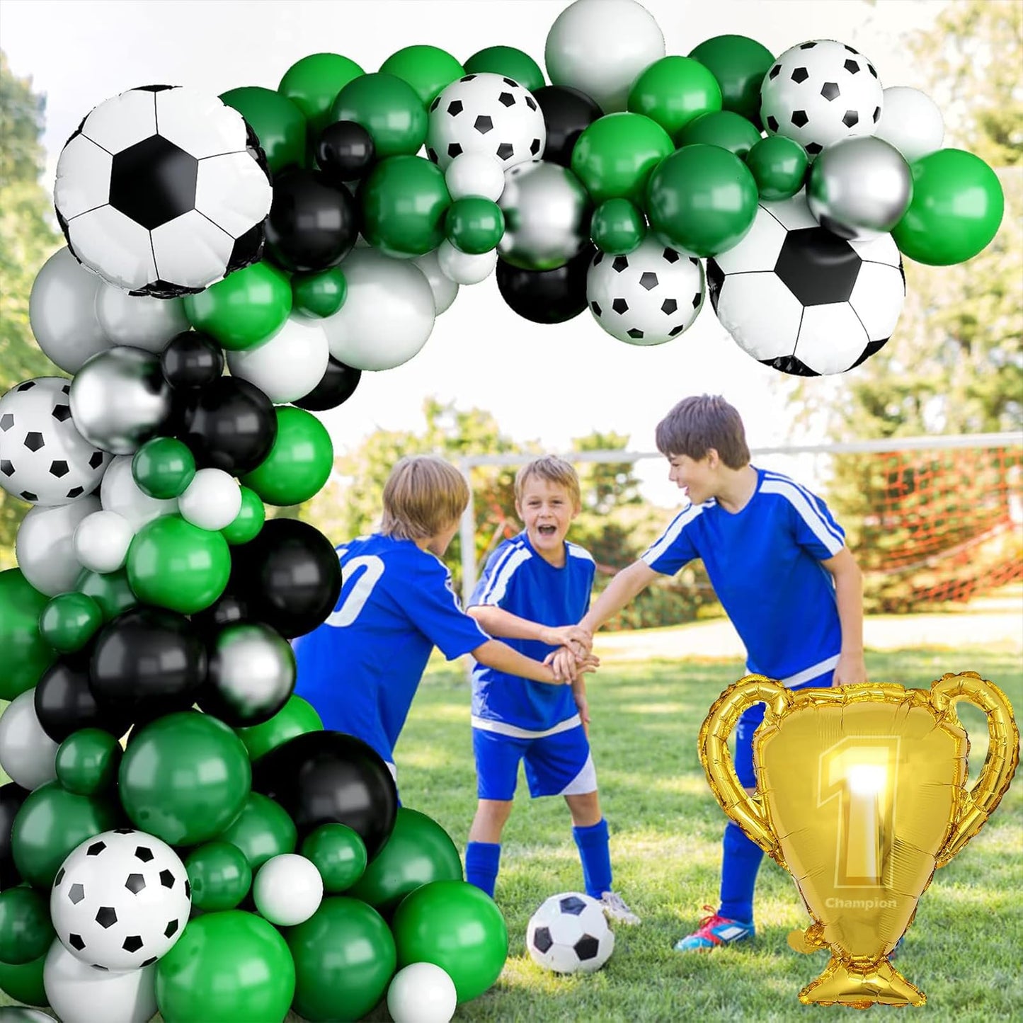 Soccer Balloon Arch Kit Boys, Green Balloon Arch Kit With Football Trophy Balloons Dark Green Black White Latex Balloons Metalli