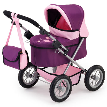 Bayer Design Dolls: Trendy Pram - Purple & Pink - Includes Shoulder Bag, Fits Dolls Up To 18'', Adjustable Handle, Kids Pretend
