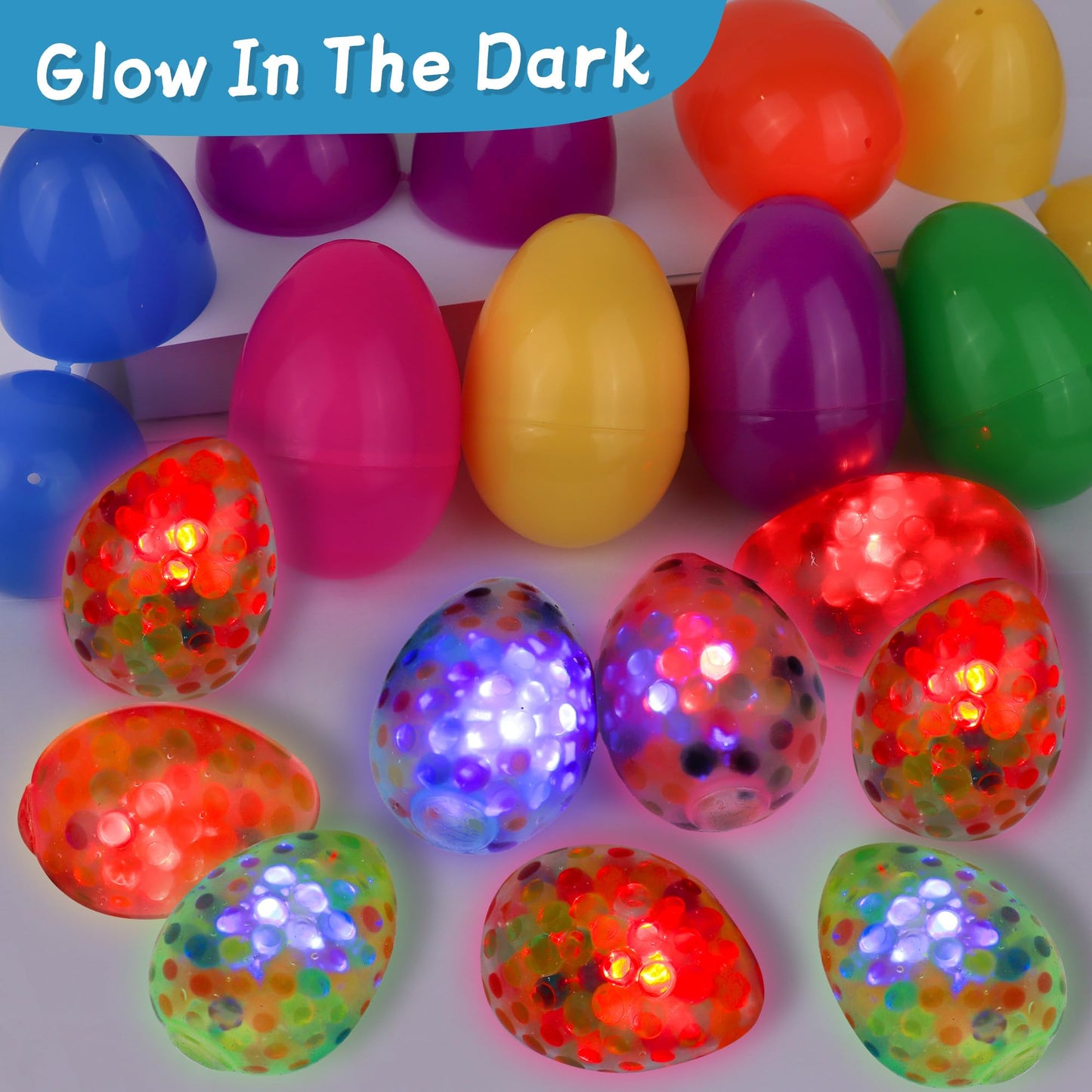12 Pack Easter Egg Fillers With 12 Light Up Egg Shaped Fidget Stress Balls, Squeeze Stress Relief Toys Filled Easter Eggs Hunts