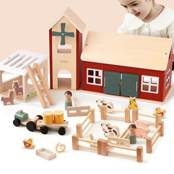 Pairpear Wooden Farm Animal Toys Bran Farm Palyset, Kids Red Barn Farm Toys With Farm Animals Figures And Tractor, Educational Stacking Learning Toys Gift For Toddler Girls Boys 3+