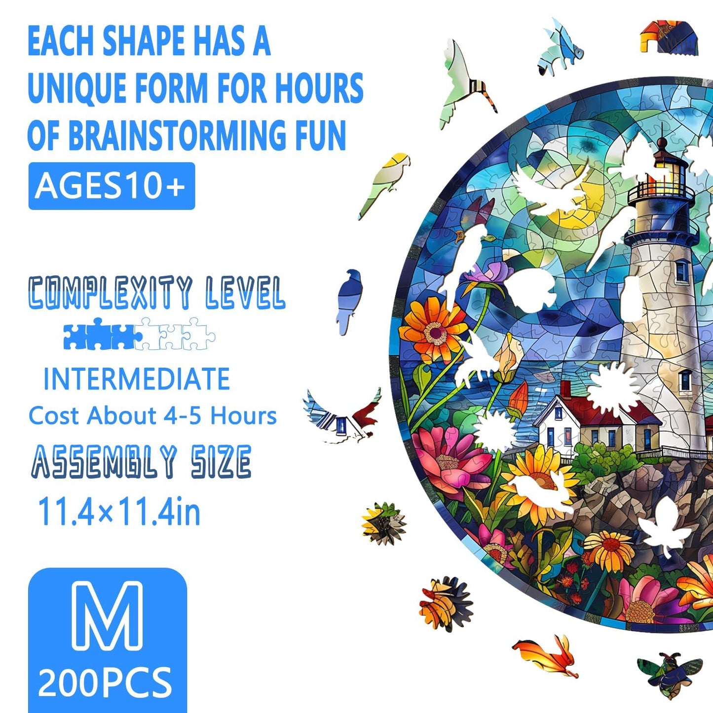 Wooden Puzzles for mature-themeds  Stained Glass Lighthouse Wooden Jigsaw Puzzles for mature-themeds 200 Pieces  Seaside Flower Wood Puzzles mature-themed  Gifts for Friends and Family  Wall Art Canvas Puzzle (M 11.4*11.4in)