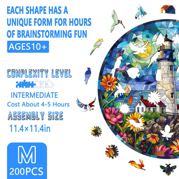 Wooden Puzzles for mature-themeds  Stained Glass Lighthouse Wooden Jigsaw Puzzles for mature-themeds 200 Pieces  Seaside Flower Wood Puzzles mature-themed  Gifts for Friends and Family  Wall Art Canvas Puzzle (M 11.4*11.4in)