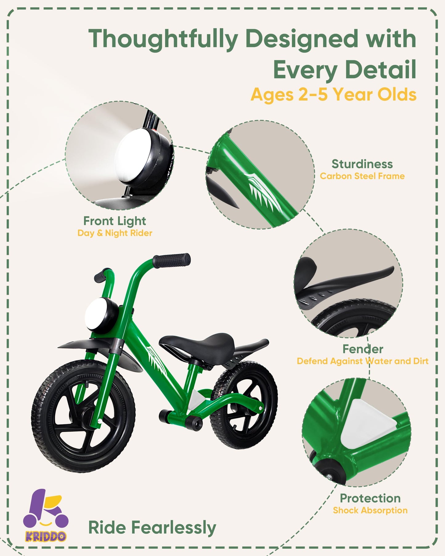 Kriddo Kids Balance Bike For 2-5 Years, With Front Light, Upgraded Tires For All Terrain, Upgraded Bearing For Smooth And Stable
