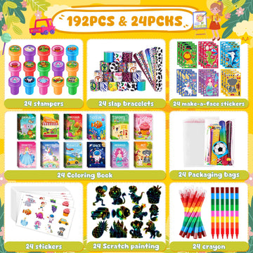 BenLouis 192Pcs Kids Party Favors Mini Coloring Books Crayon Slap Bracelets Stickers Set Bulk for Kids 4-8-12 Classroom Birthday