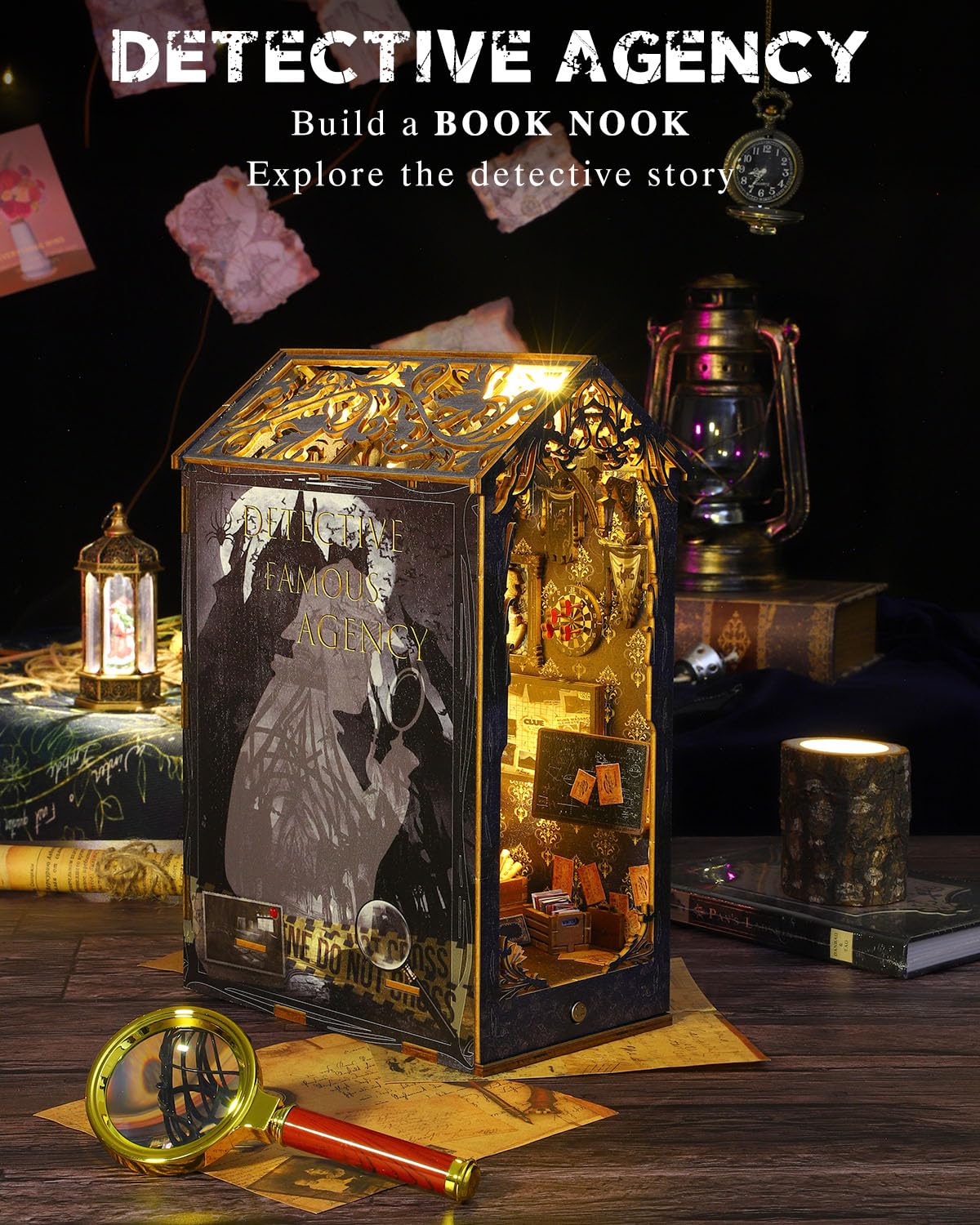 Ourmiao Book Nook Kit Detective Agency, Diy Booknooks Kit For Adults Teens With Sensor Lights, Bookshelf Diorama Miniature Scene