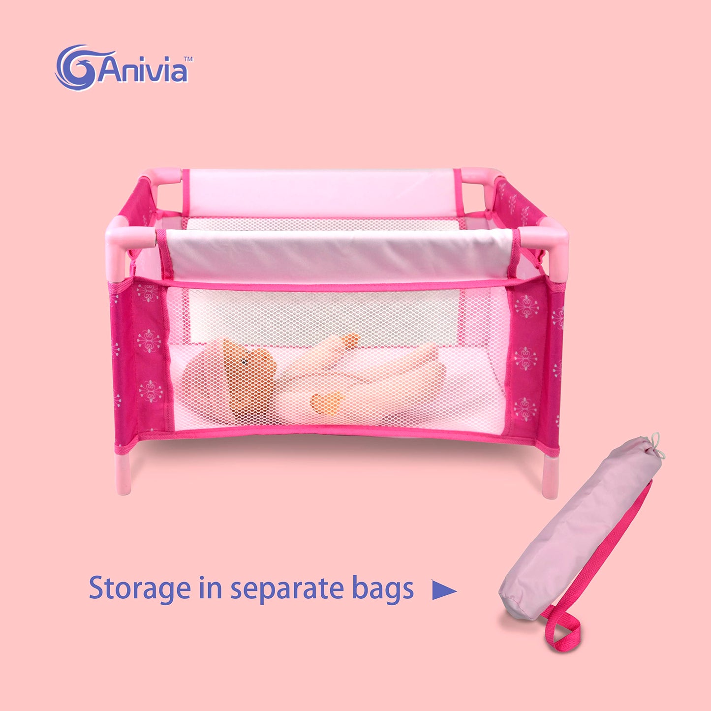 Anivia 5Pcs Baby Doll Stroller Set - Baby Doll Accessories Set Includes Doll Stroller/Doll Crib/Play Mat/Feeding Toy/Diaper Bag, Nursery Role Play Set (11' Doll Included)
