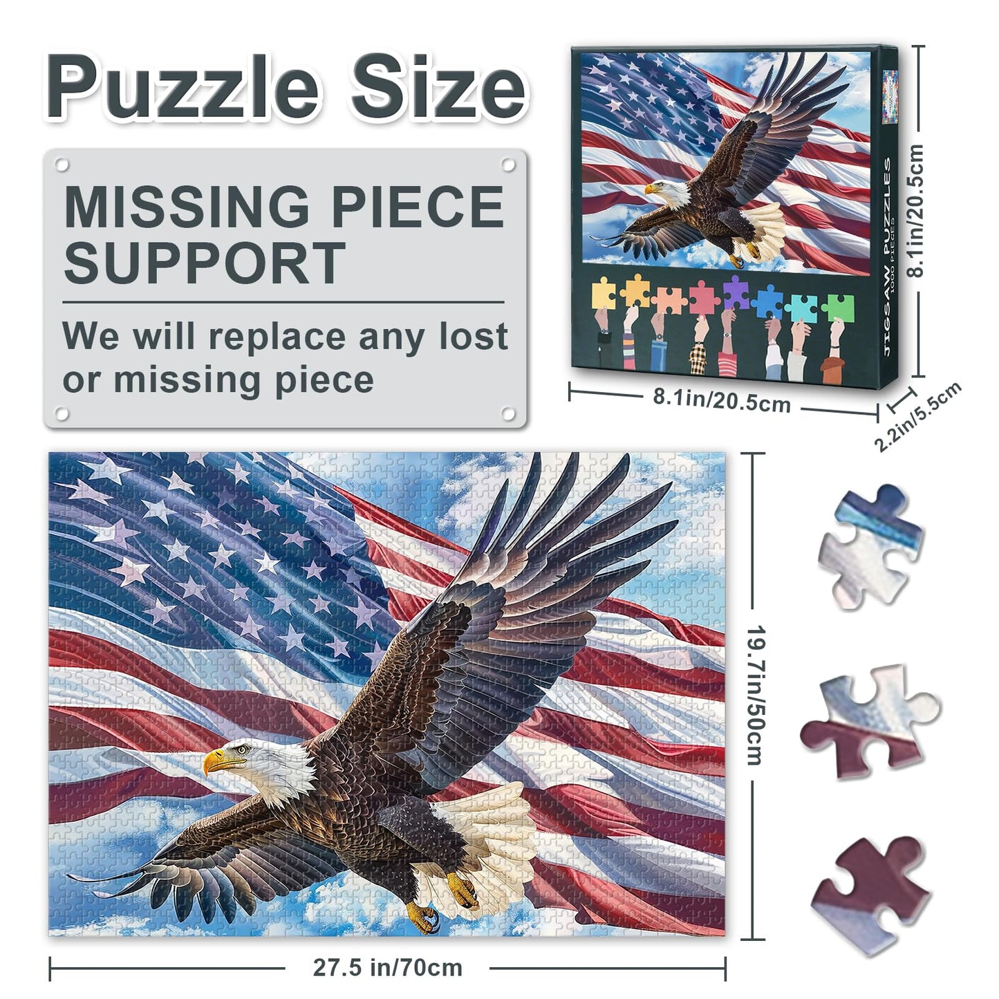 US American Flag Puzzles A Majestic Bald Eagle is Soaring in The Sky Picture Puzzle Power and Freedom Paintings Puzzles Modern mature-themeds Jigsaw Puzzle 1000 Pieces Bald Eagle