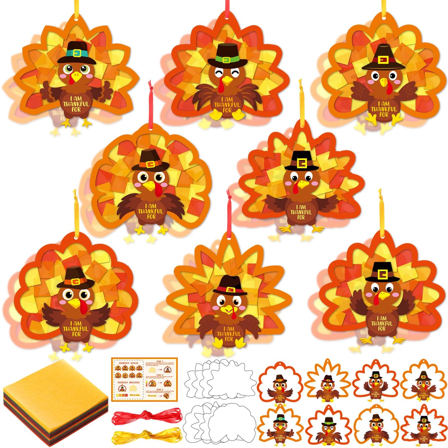 Funrous 32 Set Thanksgiving Turkey Suncatcher Craft Kit Autumn DIY Hanging Ornaments Window Stained Glass Effect Art Colorful Ti