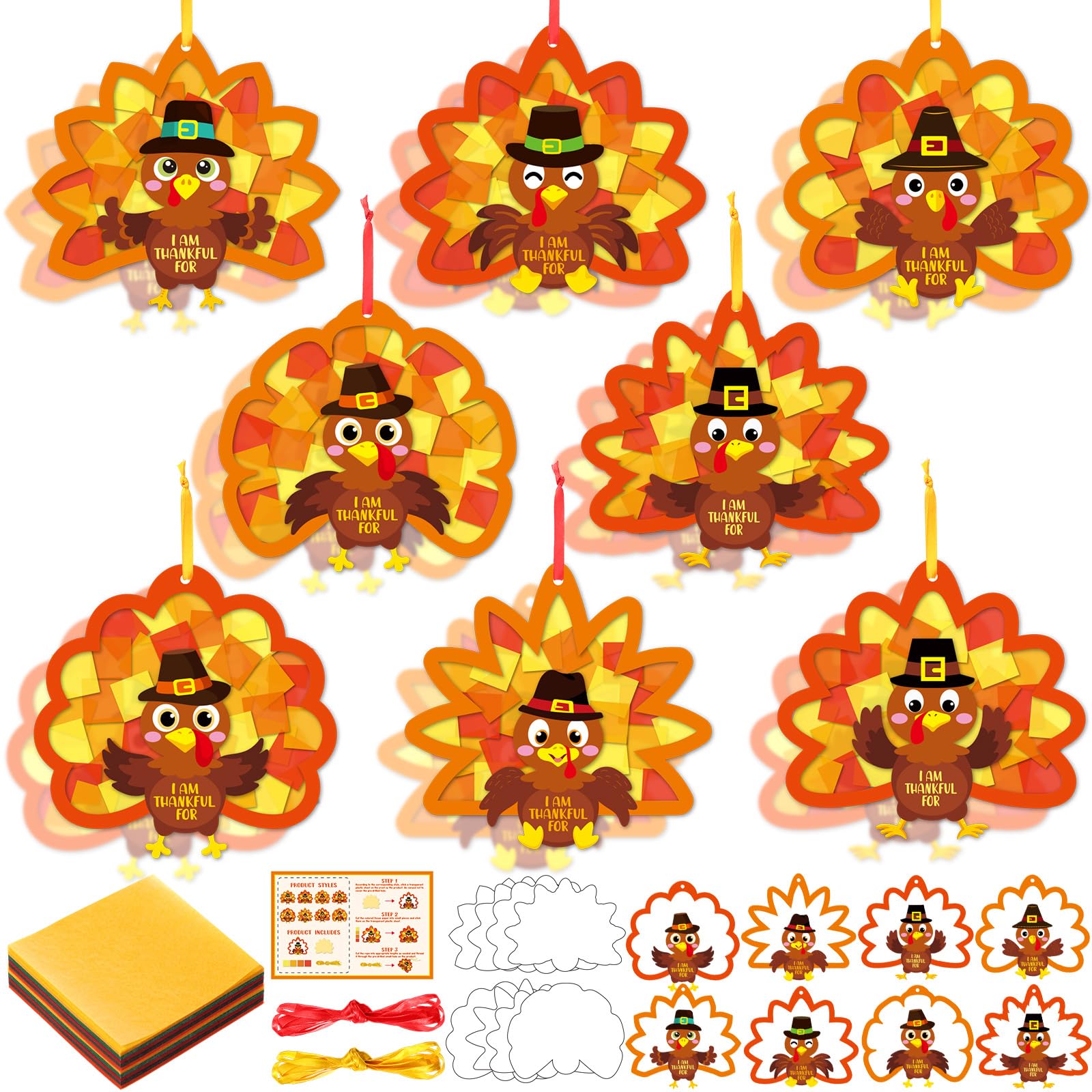 Funrous 32 Set Thanksgiving Turkey Suncatcher Craft Kit Autumn DIY Hanging Ornaments Window Stained Glass Effect Art Colorful Ti