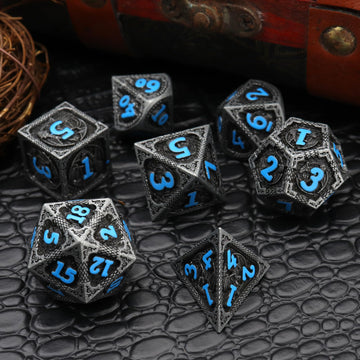 Haxtec Metal DND Dice Set Black Blue Dragon D&D Dice Set with Leather Dice Bag Metal Polyhedral Dice for Dungeons and Dragons Gi