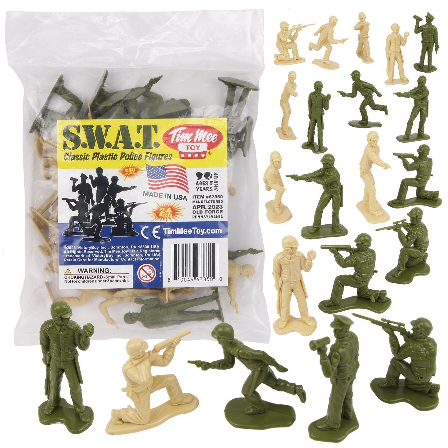 Tim Mee Toy SWAT Army Men - 24 Plastic Figures, Small Size, Tan & OD Green, Model TM-67850, US Made