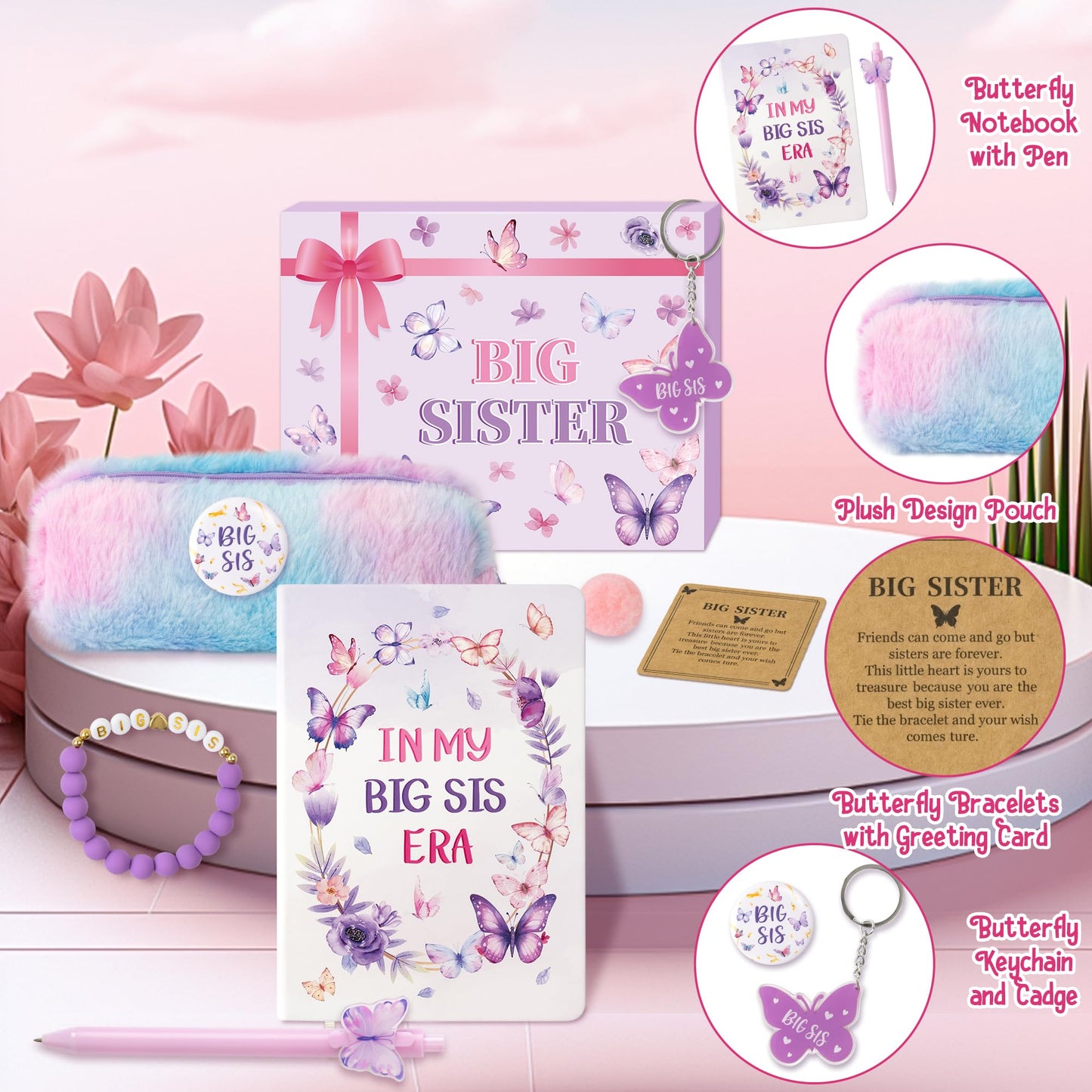 Cy2Side Big Sister Gifts For Girls, 7Pcs In My Big Sis Era Announcement Set Include Butterfly Notebook Pen Plush Pouch Keychain