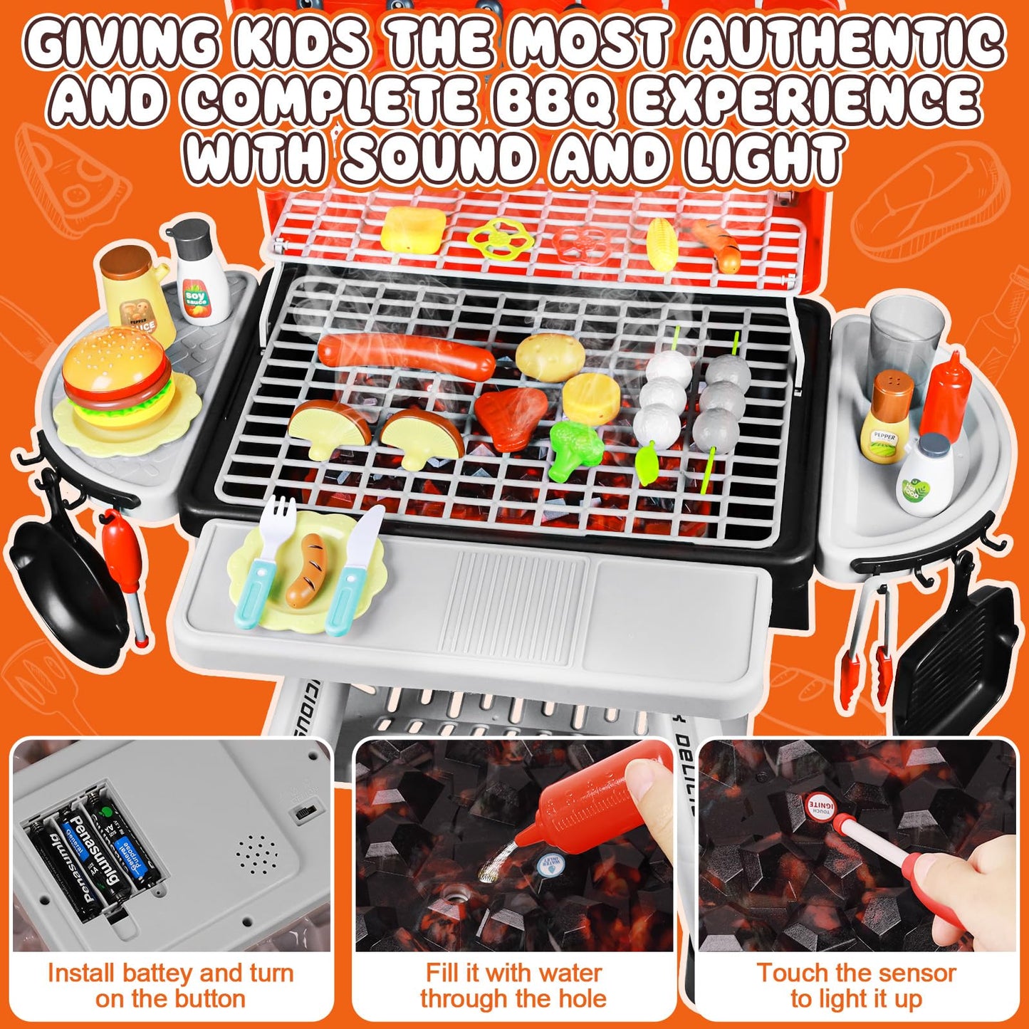 2025 Kids Kitchen Grill Playset Outdoor Toy for Toddler BBQ with Smoke Light Outside Toy Pretend Play Kitchen Food Set Interacti