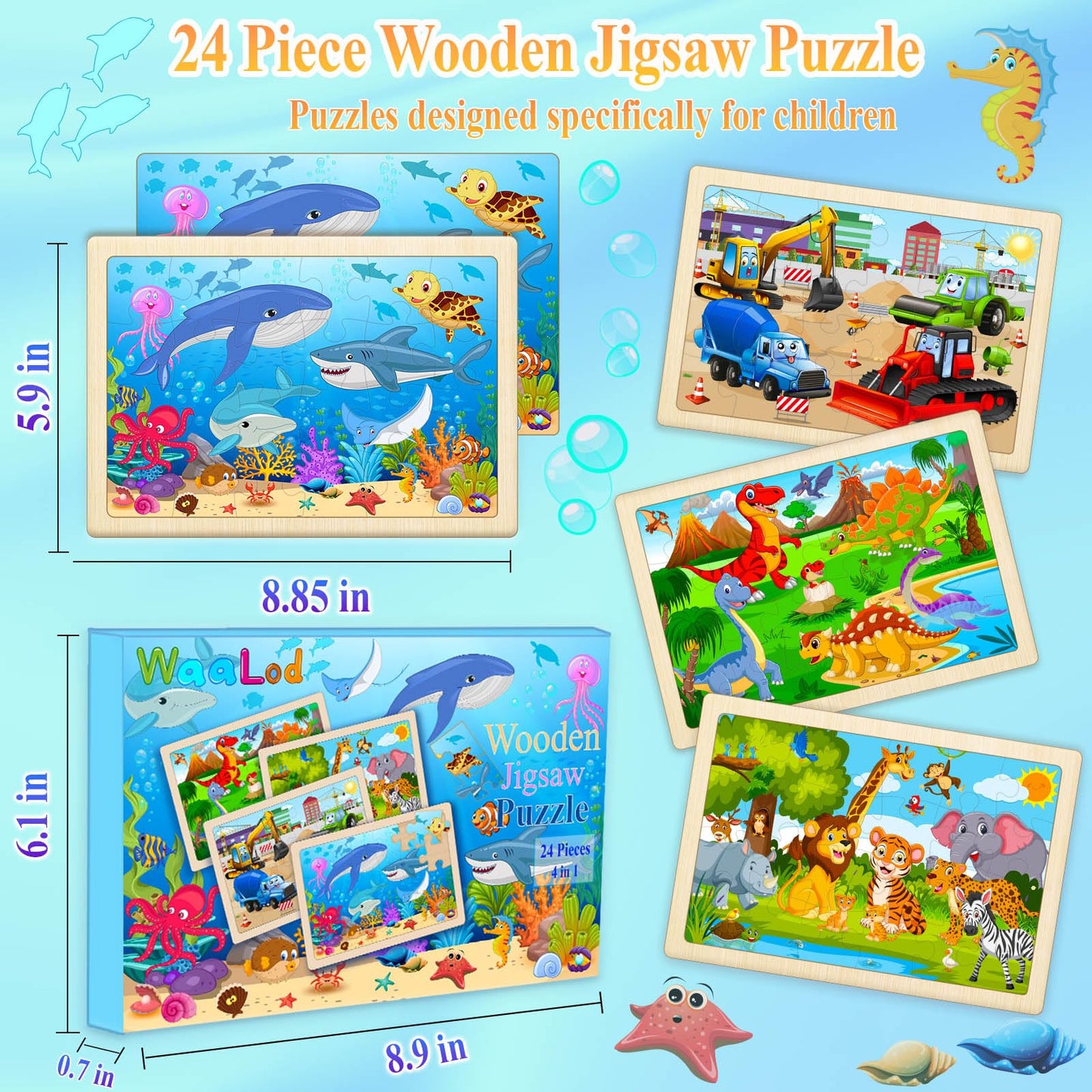 WaaLod Wooden Puzzles for Kids - 4 Pack, 24 Pieces, Educational & Learning, Multicolor, Ages 4-6