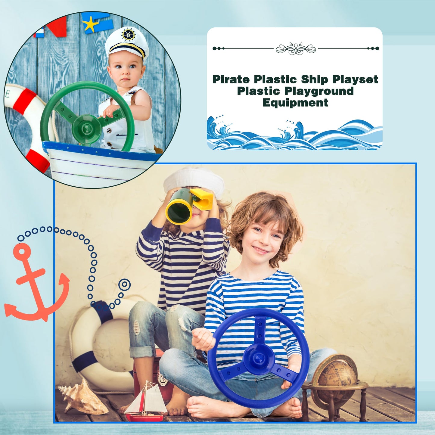 Haconba 2 Pack Steering Wheel Playset Plastic Pirate Ships Wheel With Mounting Tools For Kids Playground Outdoor Gym(Green,Blue)