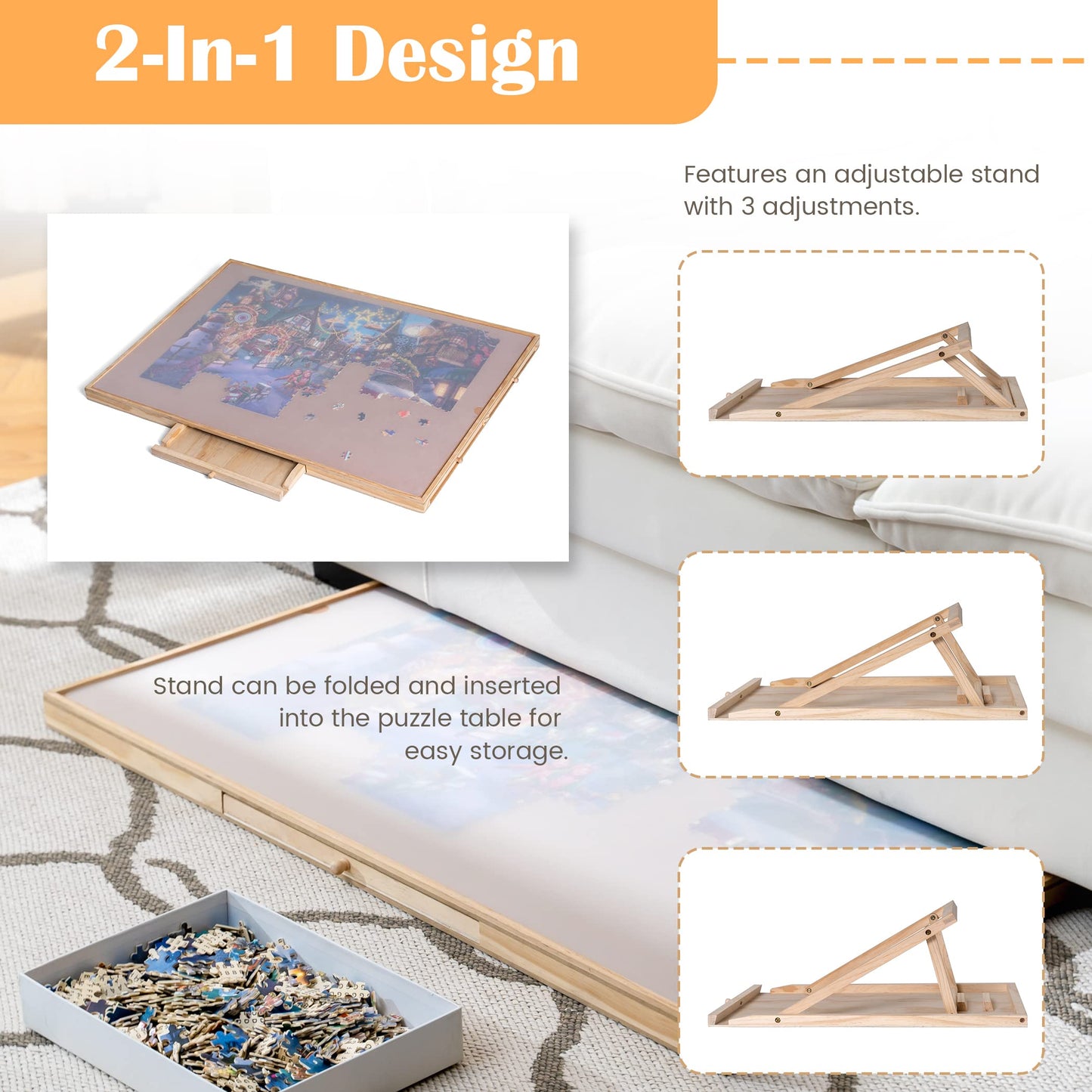 Tektalk Jigsaw Puzzle Table with Adjustable Stand, Removable Cover, Wooden Plateau for Up to 1500 Pieces, 4 Sorting Drawers