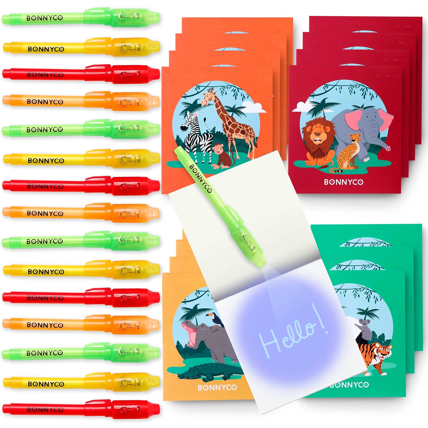 Invisible Ink Pen And Notebook Pack Of 16 - Bonnyco | Safari Party Favors For Kids | Spy Pen Jungle Party Favors, Animal Prizes For Kids | Magic Pen Jungle Theme Party Supplies, Prizes For Students