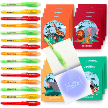 Invisible Ink Pen And Notebook Pack Of 16 - Bonnyco | Safari Party Favors For Kids | Spy Pen Jungle Party Favors, Animal Prizes For Kids | Magic Pen Jungle Theme Party Supplies, Prizes For Students