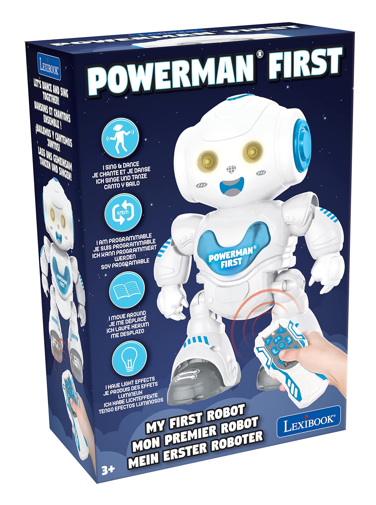 Lexibook Rob16 Powerman, First Smart Interactive Learning Robot Toy For Kids Dancing Plays Music Boy Girl, White/Blue