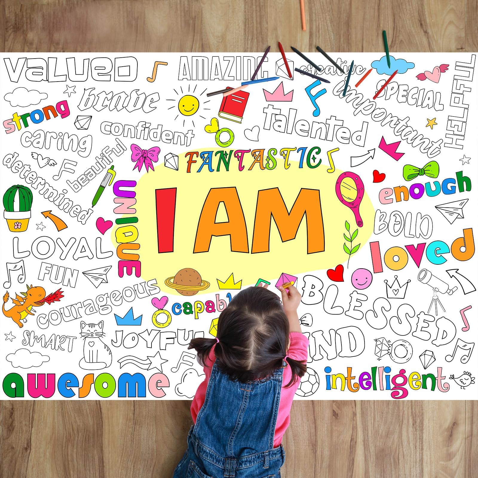 Naozinebi Positive Affirmations Coloring Poster For Kids Giant Coloring Poster Large Positive Coloring Tablecloth Jumbo Coloring