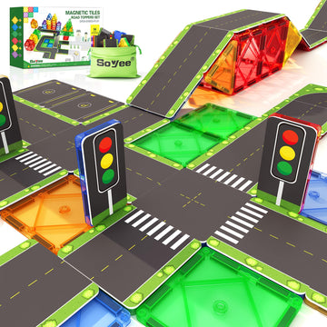 56Pcs Magnetic Tiles Road Toppers Set Kids Toys For 3 Year Old Boys And Girls Playing With Car Toys Preschool Learning Activitie
