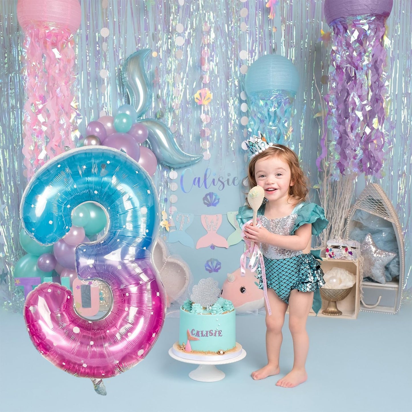 Large Blue Pink Starry 3 Balloons, 40 Inch Giant Mermaid Helium Mylar Foil Globos Numero For Girls, Self Inflating Rainbow 3Rd B