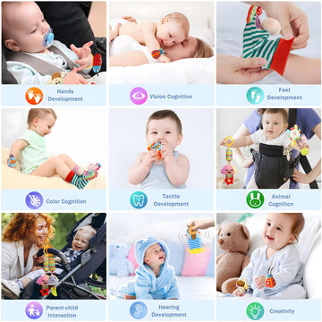 Baby Hanging Toy, Wrist Rattles, Rattle Socks, Handheld Wearable Washable Adjustable Rattle Toy, Newborn Present Baby Shower Birthday Gift Set For 0 1 2 3 Years Old Babies (12Pcs-J)